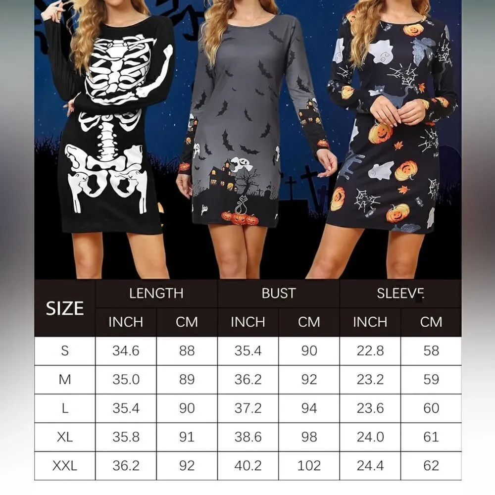 NWT Women’s Gray Long Sleeve Halloween Bats Dress - Size XXL - Runs Small